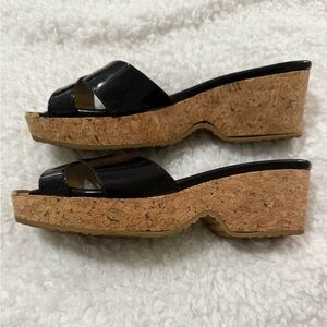 Jimmy Choo Black and Gold Panna Wedge Sandals